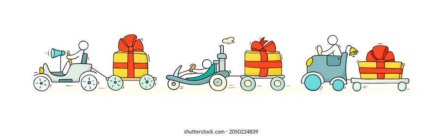 Iconos de navidad de caricatura conjunto de sketch de pequeñas personas trabajando con símbolos de vacaciones. Doodle adorables escenas en miniatura de los trabajadores sobre el invierno. Vector dibujado a mano para navidad y celebración de año nuevo.