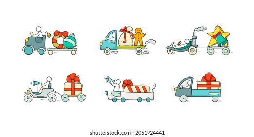 Cartoon christmas icons set of sketch working little people with holiday symbols. Doodle cute miniature scenes of workers about winter. Hand drawn vector for christmas and new year celebration.