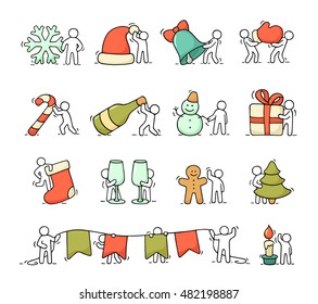 Cartoon christmas icons set of sketch working little people with party symbols. Doodle cute miniature scenes of workers about winter. Hand drawn vector for christmas and new year celebration.