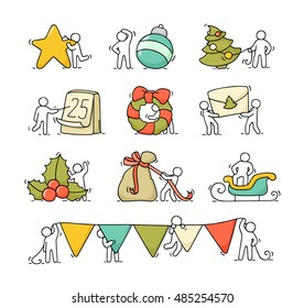 Cartoon christmas icons set with sketch working little people with party symbols. Doodle cute miniature scenes of workers about winter. Hand drawn vector for christmas and new year celebration.