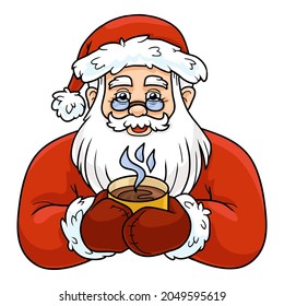 Cartoon Christmas illustration for children. Vector Santa Claus with a cup of tea. Isolated color image on a white background