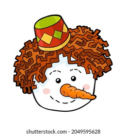 Cartoon Christmas illustration for children. Vector image of the head of snowman. Isolated color picture on a white background
