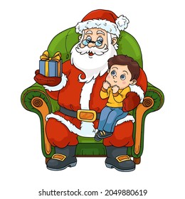 Cartoon Christmas illustration for children. Vector Santa Claus sitting in a chair and gives a gift to a boy. Isolated color image on a white background