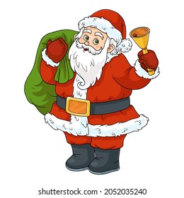Cartoon Christmas illustration for children. Vector Santa Claus with a bell and a bag of gifts. Isolated color image on a white background