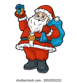 Cartoon Christmas illustration for children. Vector Santa Claus with a gift and a bag. Isolated color image on a white background