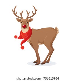 Cartoon Christmas illustration. Funny red nose reindeer with scarf isolated on white. Vector. Great for Christmas and New Year posters, banners, gift tags and labels.