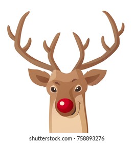 Cartoon Christmas illustration. Funny red nose reindeer isolated on white. Great for Christmas and New Year posters, banners, gift tags and labels.