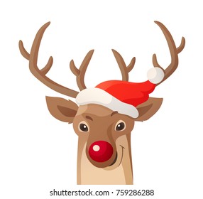 Cartoon Christmas illustration. Funny red nose reindeer in Santa red hat isolated on white. Great for Christmas and New Year posters, banners, gift tags and labels.