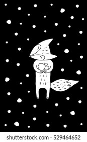 Cartoon christmas illustration with little fox enjoying snow. Cute vector black and white christmas illustration. Doodle monochrome christmas illustration for prints, posters, t-shirts and cards.
