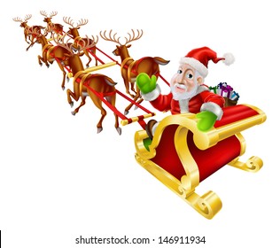 Cartoon Christmas illustration of Santa Claus flying in his sled or sleigh with reindeer and a sack of Christmas presents