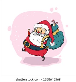 Cartoon Christmas illustrations isolated on white. Funny happy Santa Claus with bag and presents. For Christmas cards, banners, tags and labels.