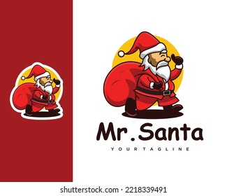 cartoon Christmas illustrations isolated on white. Funny happy Santa Claus character with gift, bag with presents, waving and greeting