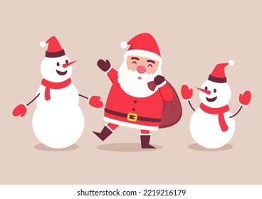 Cartoon Christmas illustrations isolated on pastel. Funny happy Santa Claus and Snowman character with gift, bag with presents, waving and greeting.