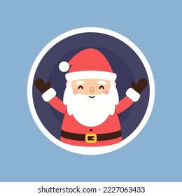 Cartoon Christmas illustrations isolated on pastel. Funny happy Santa Claus character with gift, bag with presents, waving and greeting. For Christmas cards, banners.