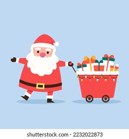 Cartoon Christmas illustrations isolated on pastel. Funny happy Santa Claus character with gift, bag with presents, waving and greeting. For Christmas cards, banners.