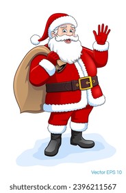 Cartoon Christmas illustrations isolated on white. Funny happy Santa Claus character with gift, bag with presents, waving and greeting. For Christmas cards, banners, tags and labels.