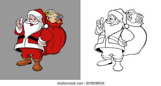 Cartoon christmas images. Santa claus brings gifts. Coloring book pages for kids.