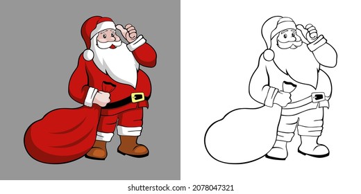 Cartoon christmas images. Santa claus brings gifts for children. Coloring book pages for kids.