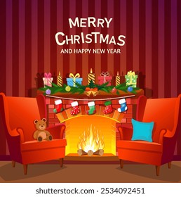 Cartoon Christmas interior with fireplace, armchairs. Merry Christmas and Happy New Year greeting card background poster. Vector illustration