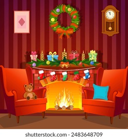 Cartoon Christmas interior with fireplace, wreath, armchairs. Merry Christmas and Happy New Year greeting card background poster. Vector illustration