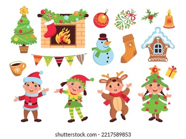 Cartoon Christmas kids. Little children in New Year costumes. Holiday elements. Fireplace and festive tree toys. Xmas garlands. Winter plants. Snowman and gift sock