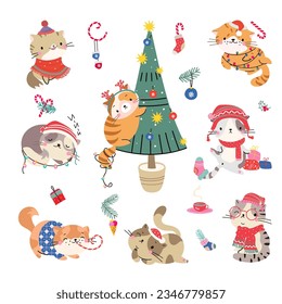 Cartoon christmas kitten, happy holiday cats in xmas outfits. Funny cute pets in ornamental scarf and sweaters. Isolated nowaday winter vector animals