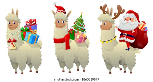 Cartoon Christmas lama set. Alpaca character has a lot of gift box and santa. Merry Christmas and happy new year with  cute alpaca wearing Christmas costume. Vector illustration