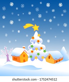 Cartoon Christmas landscape with decorated tree and houses under the snow, vector illustration