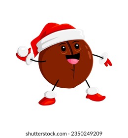 Cartoon Christmas macadamia nut character playing snowballs with friends. Isolated vector mischievous personage wearing Santa Claus hat creating laughter and holiday cheer during Xmas vacation