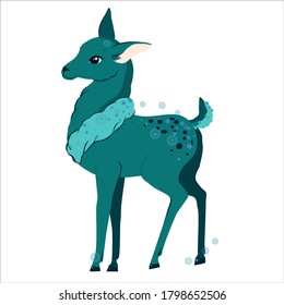 Cartoon christmas magic deer. Cute fawn in winter scarf, xmas reindeer child and funny deers. vector illustration
