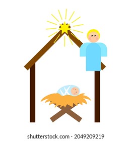 Cartoon christmas manger with angel. Holiday star. Happy holy night. Christian art. Vector illustration. Stock image. 