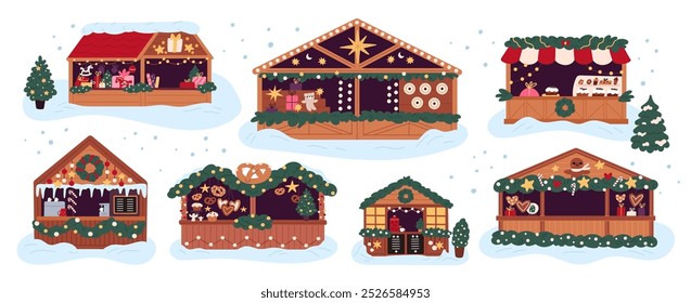 Cartoon Christmas market stalls. Holiday fair stands and shops. Xmas wooden houses with sweets souvenirs and decorations. Gifts selling kiosks. Pastry street stores