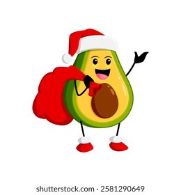 Cartoon Christmas mexican avocado Santa character with gifts bag. Isolated vector Xmas Father Noel tropical fruit or vegetable personage. Saint Nicholas deliver presents and spreading festive joy