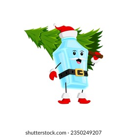 Cartoon Christmas mexican pulque drink character with holiday pine tree. Vector cheerful bottle personage in Santa Claus attire joyfully carries spruce, spreading festive vibe to seasonal celebrations