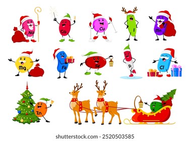 Cartoon Christmas micronutrients characters. Christmas celebration, merry Xmas or winter season holiday micronutrients Na, Ca, Cu and Se, Fe, Mg happy vector personages wearing Santa Claus hat set