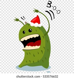 Cartoon Christmas monster in red Santa hat. Vector illustration of a transparent background.