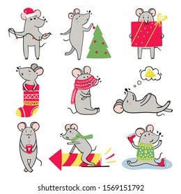 Cartoon Christmas and new year 2020 cute mouse, rat set in hand drawn style. Vector collection of chinese 2020 new year symbol. Funny mice with christmas tree, garland, cheese, firework, sock, coffee.