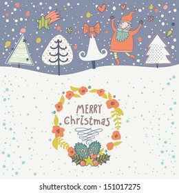 Cartoon Christmas and New Year background in vector. Cute holiday card with funny Santa, snowflakes, trees and textbox