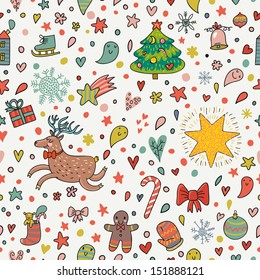 Cartoon Christmas and New Year background in vector with deer, bell, bow, fir tree, cookie, mitten and other holiday elements. Can be used for pattern fills, web page backgrounds, surface textures