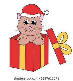 Cartoon Christmas and New Year Cat character. Cute Kitten in gift box. Vector flat illustration.