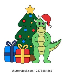 Cartoon Christmas and New Year Dragon character. Cute Dragon with Christmas tree and gift boxes. Vector flat illustration.
