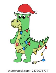 Cartoon Christmas and New Year Dragon character. Cute Dragon with garland. Vector flat illustration.