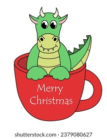 Cartoon Christmas and New Year Dragon character. Cute Dragon in cup. Vector flat illustration.