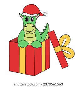 Cartoon Christmas and New Year Dragon character. Cute Dragon in gift box. Vector flat illustration.