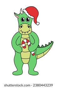 Cartoon Christmas and New Year Dragon character. Cute Dragon with candy cane and Santa hat. Vector flat illustration.