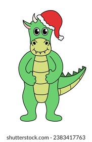 Cartoon Christmas and New Year Dragon character. Cute Dragon with Santa hat. Vector flat illustration.