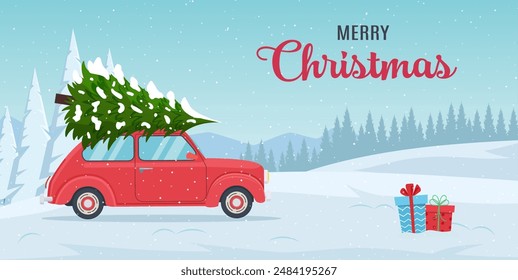 cartoon Christmas and New Year greeting card.Christmas card or poster design with retro red with christmas tree on board. Vector illustration in flat style