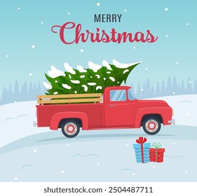 cartoon Christmas and New Year greeting card.Christmas card or poster design with retro red pickup truck with christmas tree on board. Vector illustration in flat style