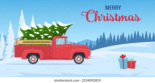 cartoon Christmas and New Year greeting card.Christmas card or poster design with retro red pickup truck with christmas tree on board. Vector illustration in flat style