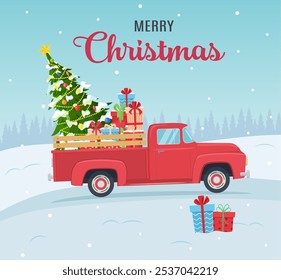 cartoon Christmas and New Year greeting card.Christmas card or poster design with retro red pickup truck with christmas tree and gift boxes on board. Vector illustration in flat style